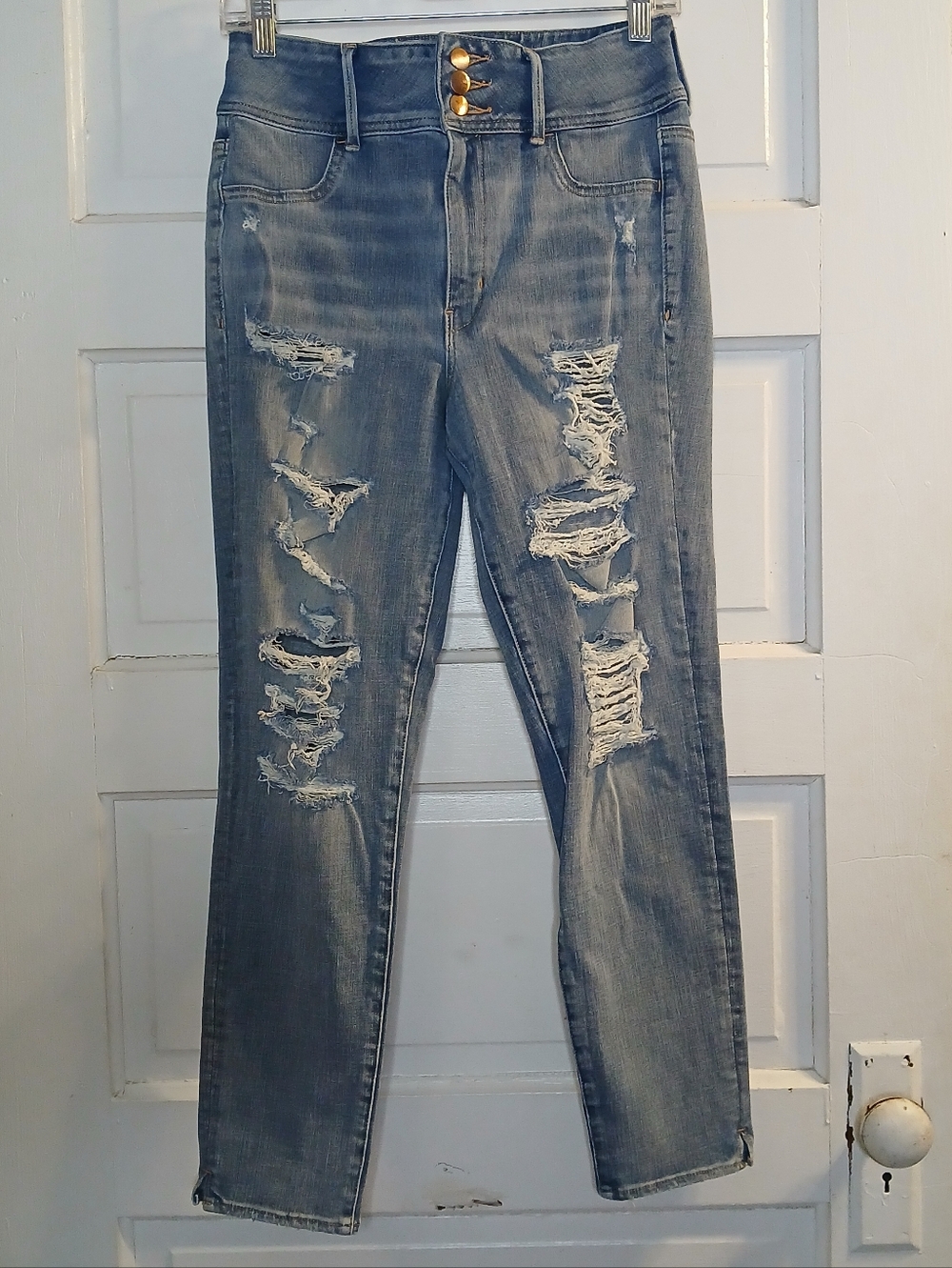 American Eagle AEO Denim X4 Super High Rise Jegging Jeans Women’s 10 Distressed